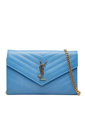 Saint Laurent Cassandra Envelope Chain Wallet Shoulder Bag Blue Gold Leather